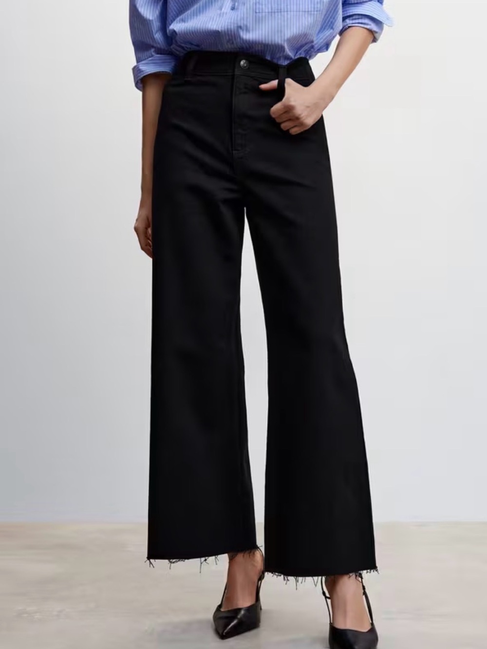 MNG “Catherine” Wide‑Leg Jeans Women’s Size 6 — Raw Hem Black Denim EUC